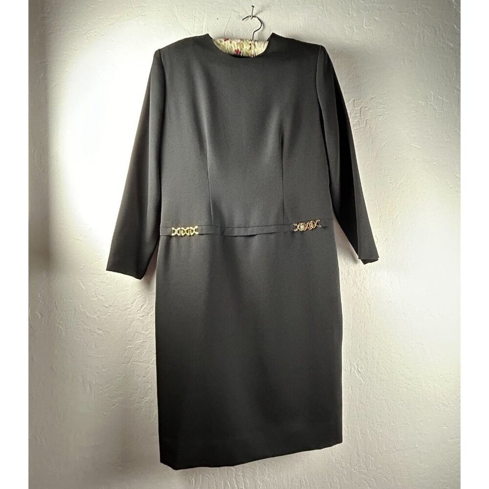 Vintage Henry Lee Career Shift Dress Size 10P Black Gold Buckle Waist Zip Back